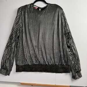 Vintage Ms Bond Metallic Silver Houndstooth Blouse Long Sleeve Plus Size 20W USA